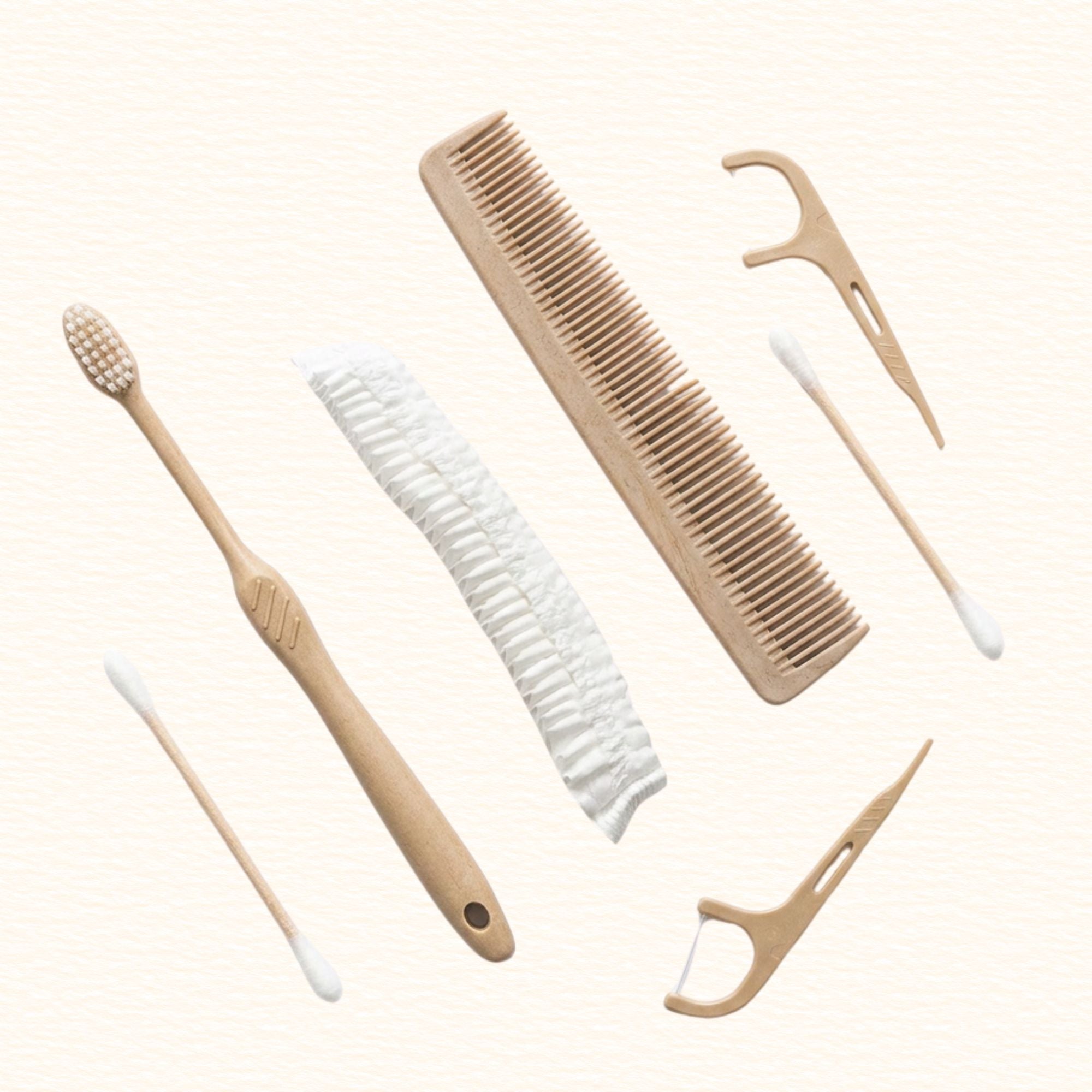 Hotel amenities – 7 toiletry items.